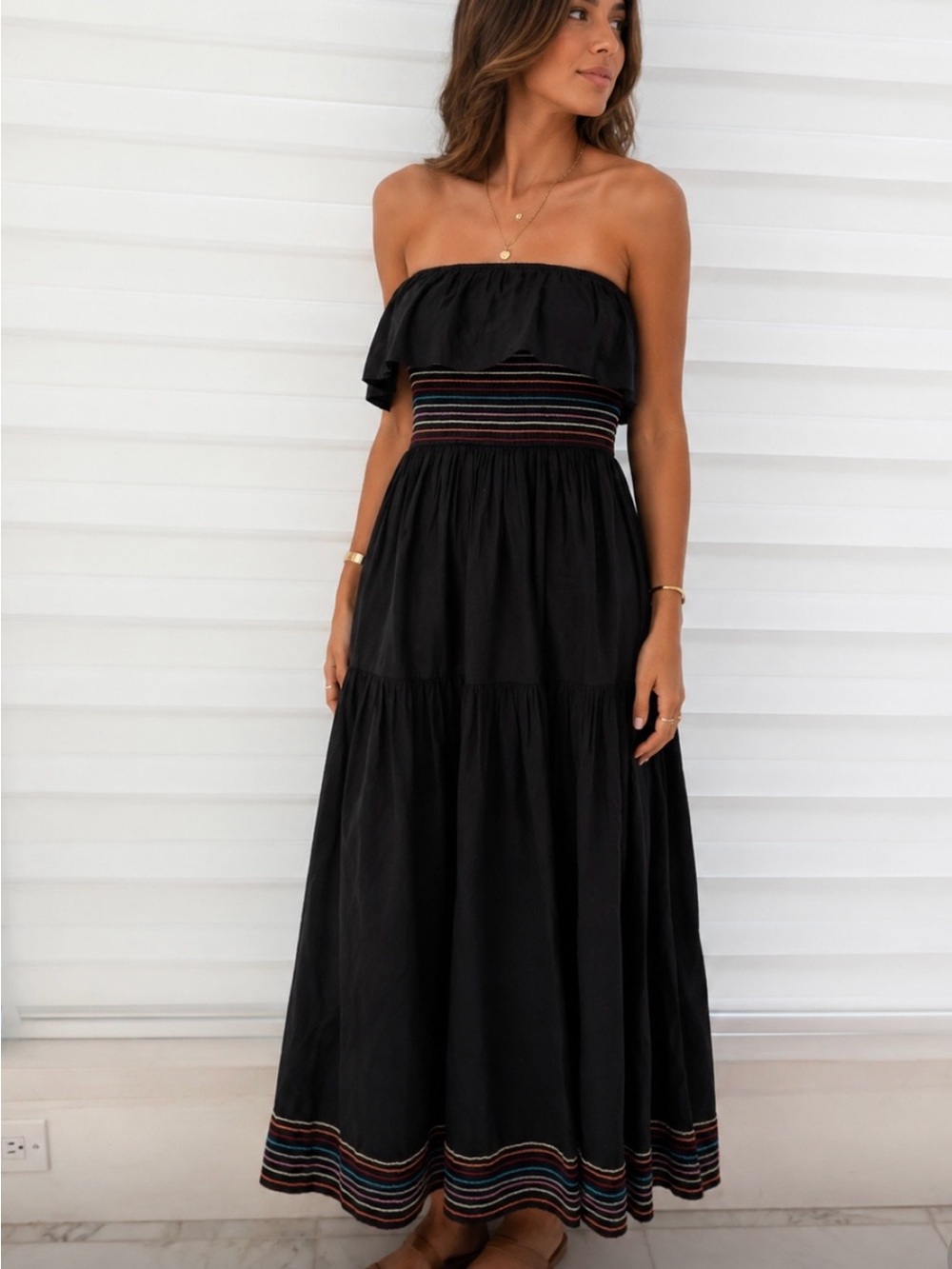 SOLID & STRIPED Black Strapless Maxi Dress with Multicolor Stripe Accents
